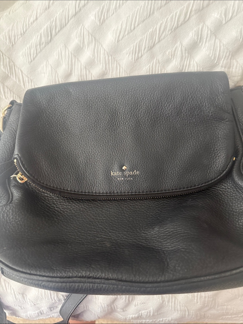 kate spade Black Pebbled Leather Flap Crossbody with Gold Accents